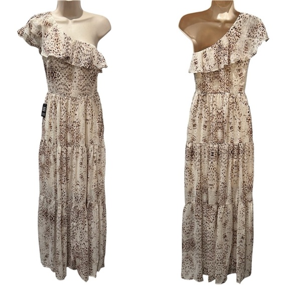 Express Rachel Zoe Metallic Printed Ruffle One Shoulder Maxi Dress Sz XS Chiffon - Picture 2 of 11